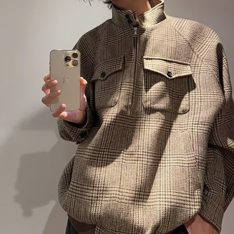 Men's Korean Style Houndstooth Retro Stand-up Collar Harrington Jacket, Autumn/Winter Wool Coat