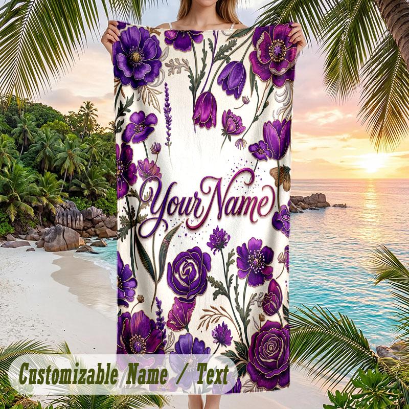 Purple Floral Art Theme Quick Dry Beach Towel Custom Name Text Print Large Sand Resistant Towel Beach Vacation