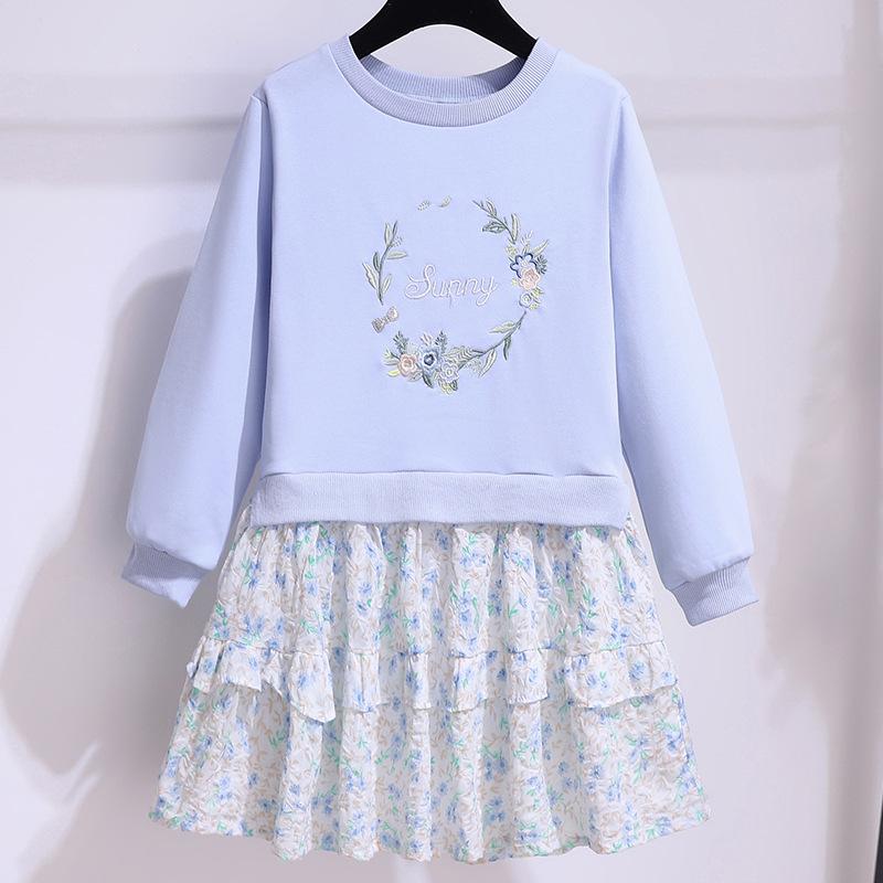 

Платье-свитер с цветочным принтом для девочек — образ из двух частей с длинными рукавами на весну и осень 140cm синий