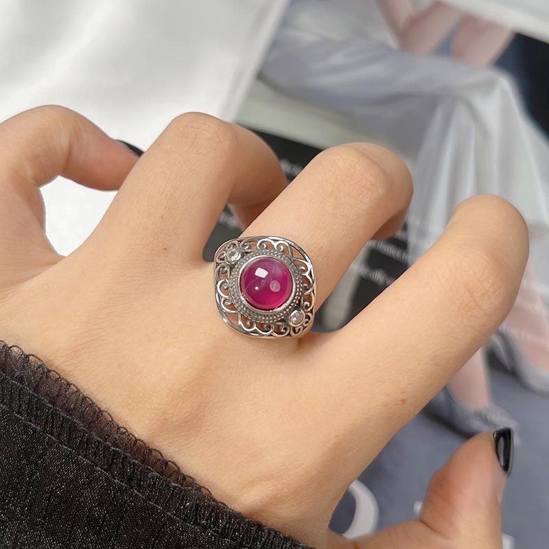 Personalized Retro Thai Silver Colored Treasure Ring Women'S S925 Sterling Silver Natural Jasper Blue Gold Red Corundum Topaz Index Finger Ring