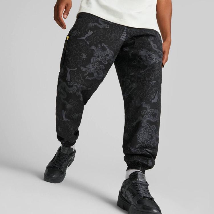 Puma X Staple Collaboration SS23 Printed Lace-Up Woven Casual Pants Unisex Pants Black 620651-01