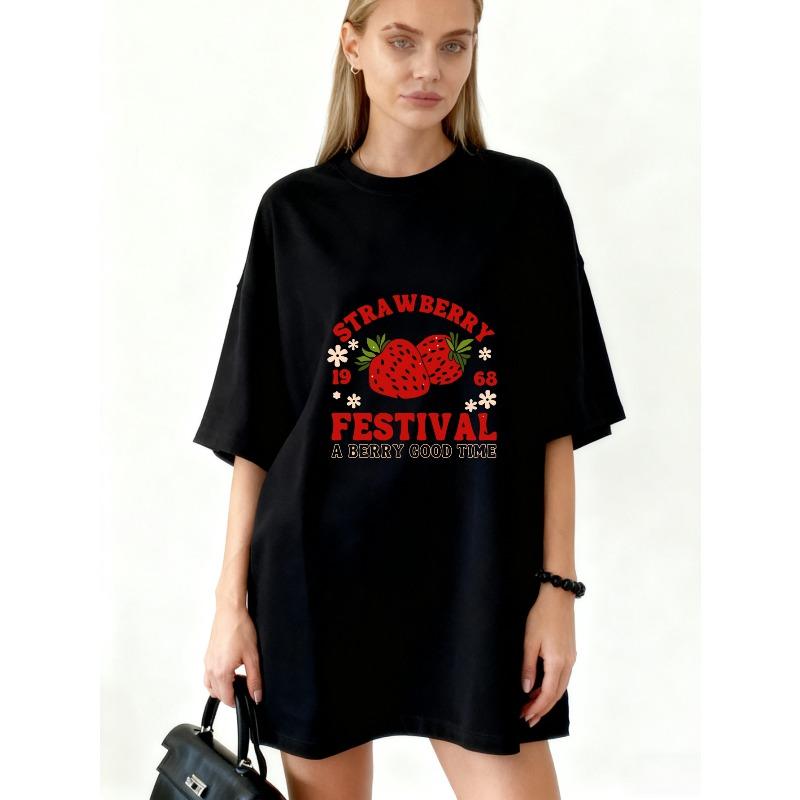 Oversized T-Shirt Black Strawberry Festival Graphic Print With Text A Berry Good Time Casual Wear For Summer Outings And Festivals