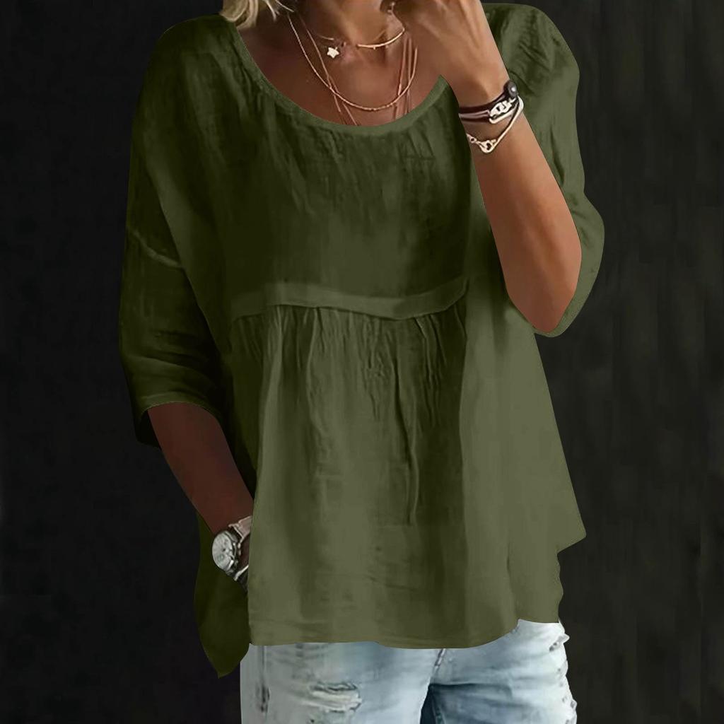 Womens Fashionable Solid Color Round Neck Three-quarter Sleeve Loose Round Neck Top