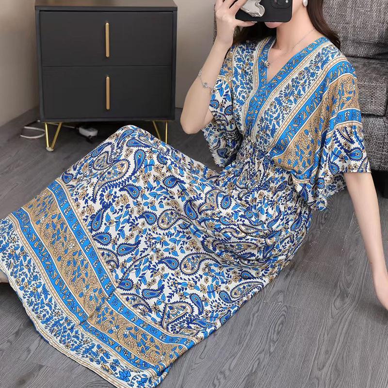 25th Anniversary Ethnic V-Neck Rayon Short Sleeve French-Thai Print Holiday Dress for Women