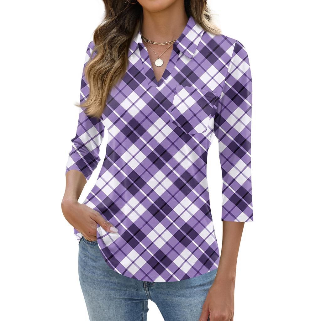Women's Fashion Casual Lapel Short 3/4 Sleeve Print Shirt Women's Up Tops