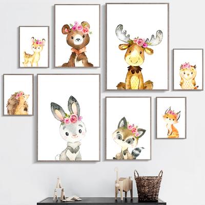 Animal Rabbit Sika Deer With Flowers Nursery Wall Art Canvas Painting Posters And Prints Wall Pictures Baby Kids Room Décor No Frame