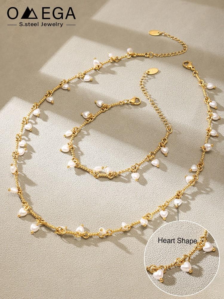 Multi Heart Beads Charms Necklace Bracelet For Women 18k Gold Plated Waterproof Non Tarnish Women's Necklaces Matching Bracelets