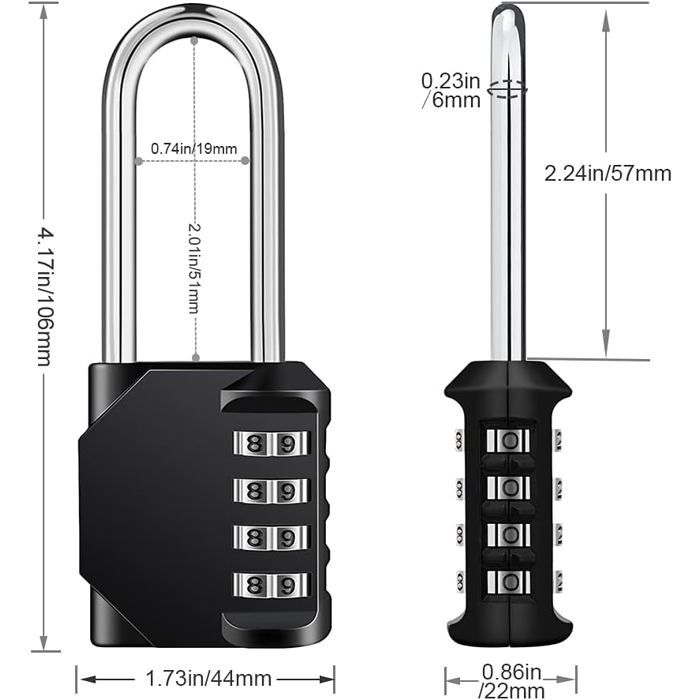 Cadenas - AIMOONSA - 4 Chiffres - Noir - Longue Anse - Résistant aux Intempéries