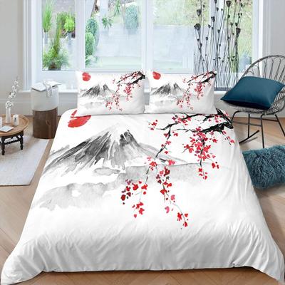 Japanese-Style Duvet Cover Set for Girl Polyester Mount Fuji Comforter Cover Cherry Blossoms Flower Ink Hand Painted Quilt Cover