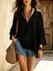 2026 Summer Women's European & American Resort Style Loose V-Neck Three-Quarter Sleeve Solid Color Top