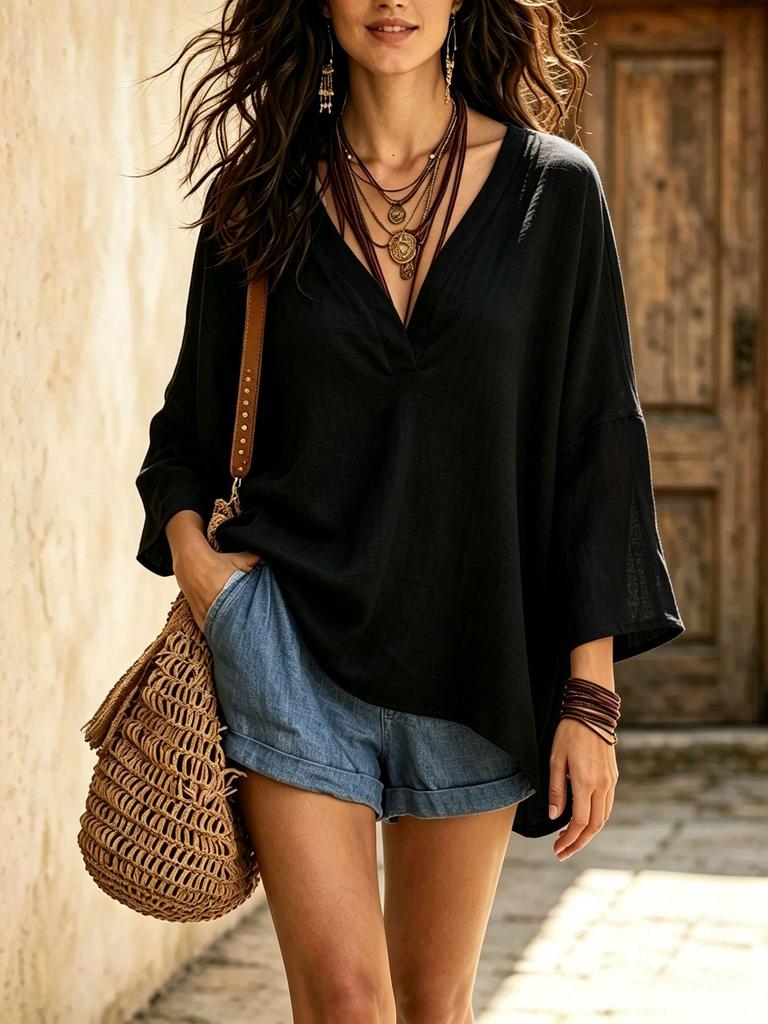 2026 Summer Women's European & American Resort Style Loose V-Neck Three-Quarter Sleeve Solid Color Top