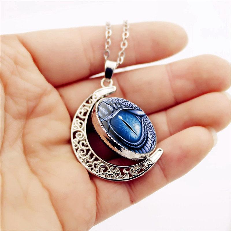 Retro Hollow Moon Dragon Eye Gothic Blue Cat Eye Time Pendant Necklace
