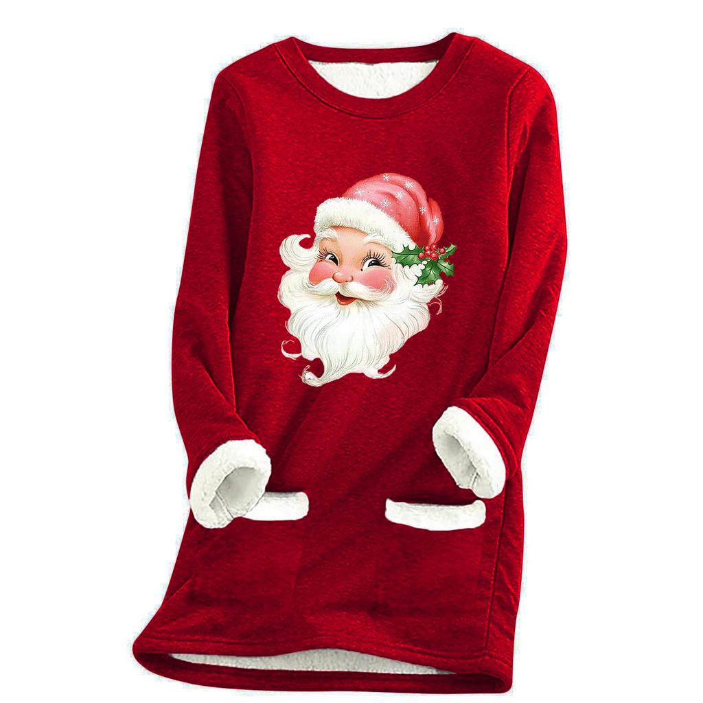 Ladies' Loose And Comfortable Round Neck Christmas Print Thick With Pockets Long Sleeved Top