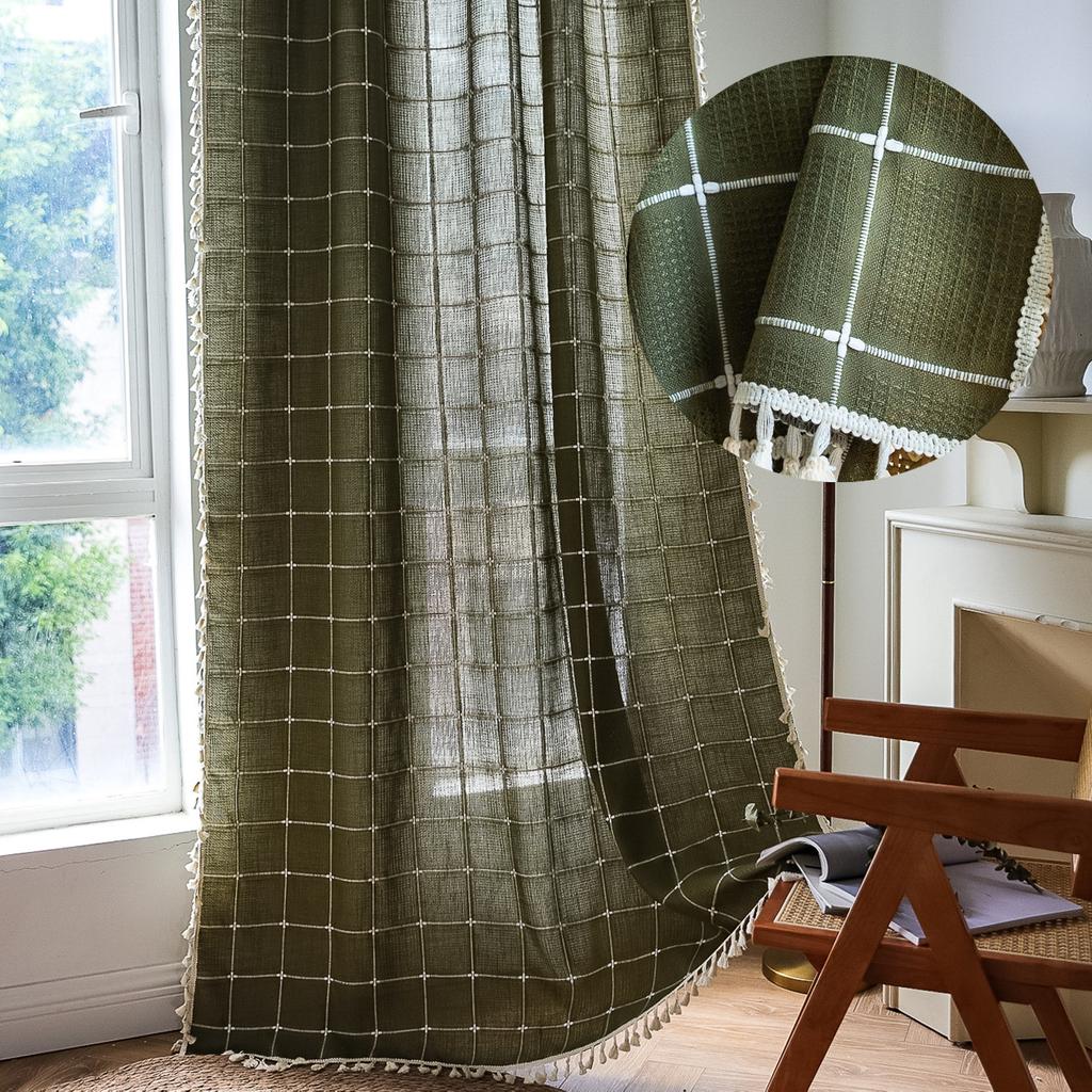 Tenda Plaid Vintage Americana con Nappe Semi Oscurante Cotone Lino Tasca per Asta Soggiorno Balcone Cucina Finestra a Golfo Protezione UV Arredamento Boho Rustico