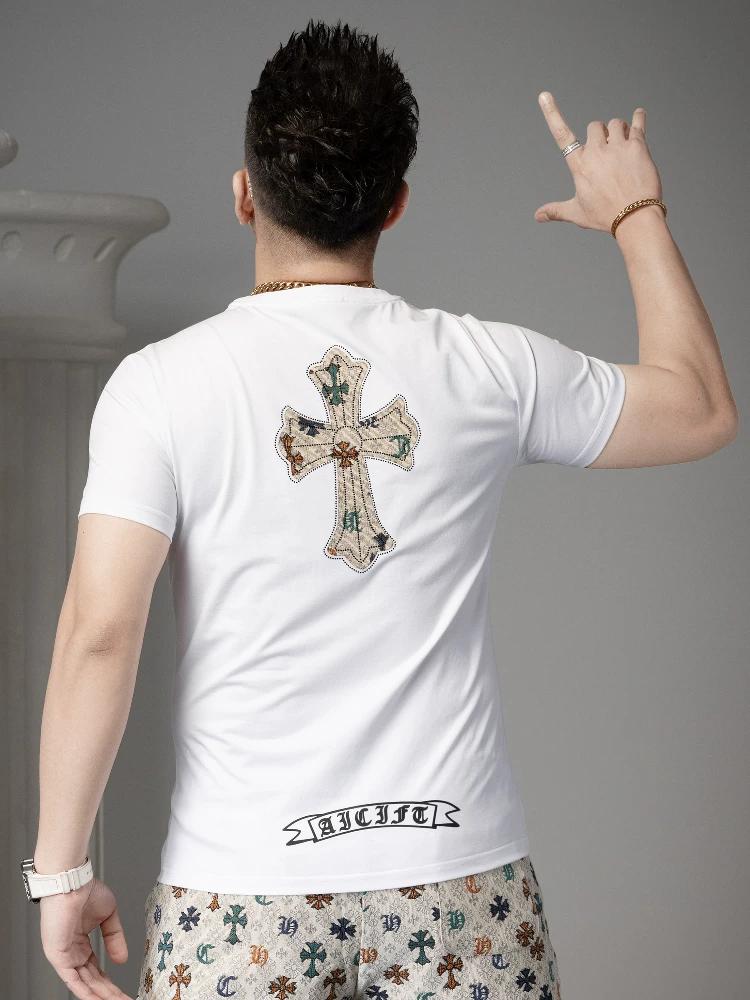 

European-Style Men s High-End Rhinestone-Printed Round-Neck Short-Sleeve T-Shirt 2025 New Summer Trendy Slim-Fit Half-Sleeve Top XL чёрный
