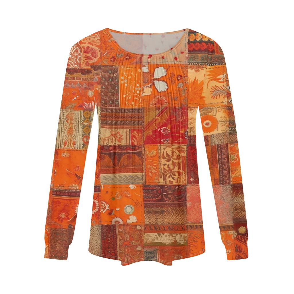 Women's Fashion Casual Pleated Round Neck Vintage Floral Print Long Sleeve T,Shirt Top