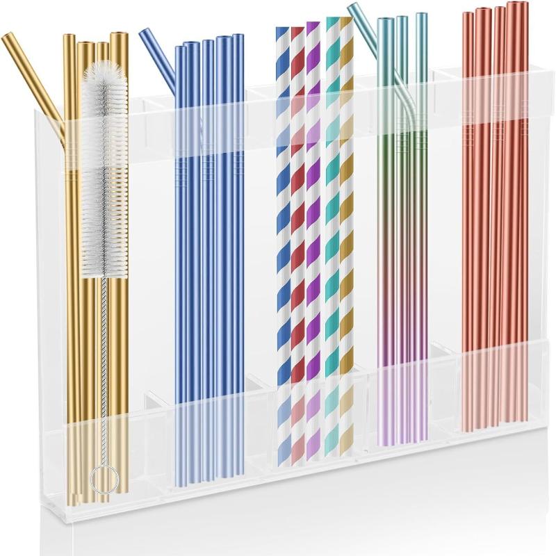 5/6 Grids Reusable Straw Holder, Kitchen Countertop Storage Rack With Strong Double-Sided Tape, Suitable For Countertops Cabinet