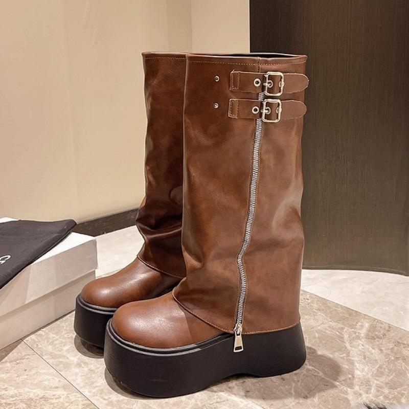 

New thick-soled trouser boots Western knight boots Zipper boots Women s autumn and winter knee-thin high boots 40 темно-коричневого