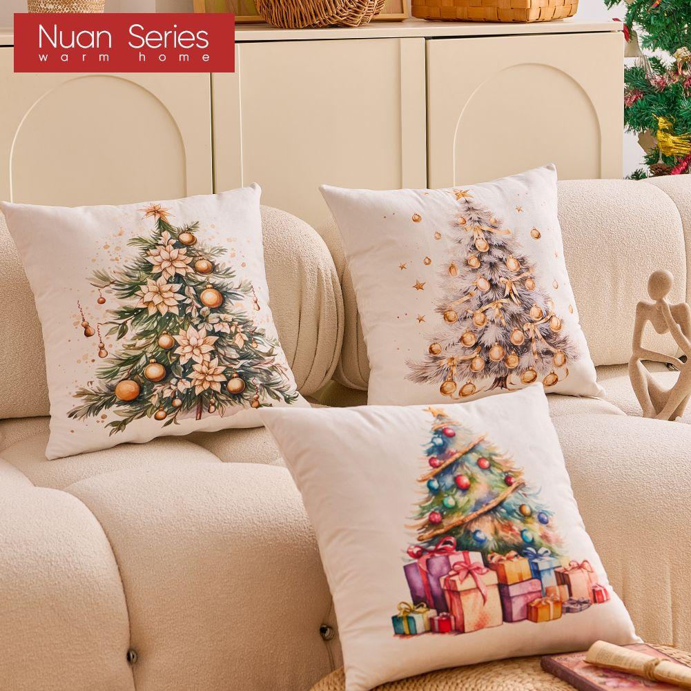 1PC Nuan Series Christmas Pillowcase Hand Drawn Christmas Tree Cluster Printed Cushion Cover for Sofa Living Room Bedroom Home Decor Party Decor