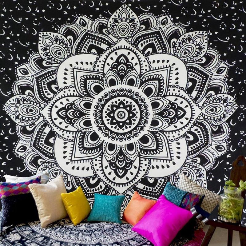 Black White Mandala Tapestry Bohemian Indian Floral Pattern Wall Hanging for Bedroom Living Room Dorm Decor Washable Wall