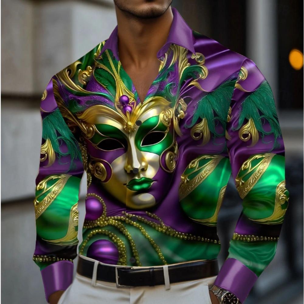 Men's Mardi Gras Dress Printed Long Sleeve Shirts Casual Cardigan New Button Holiday Fashion Shirts