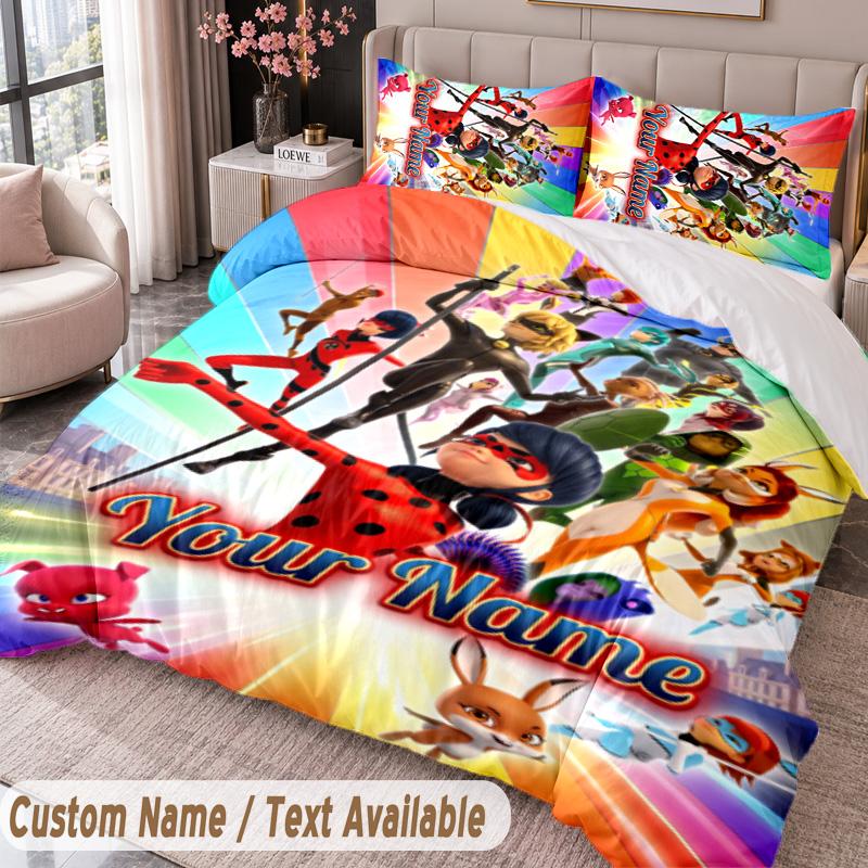 Custom Name Text 3Pcs Bedding Set Miraculous Ladybug Duvet Cover And Two Pillowcases