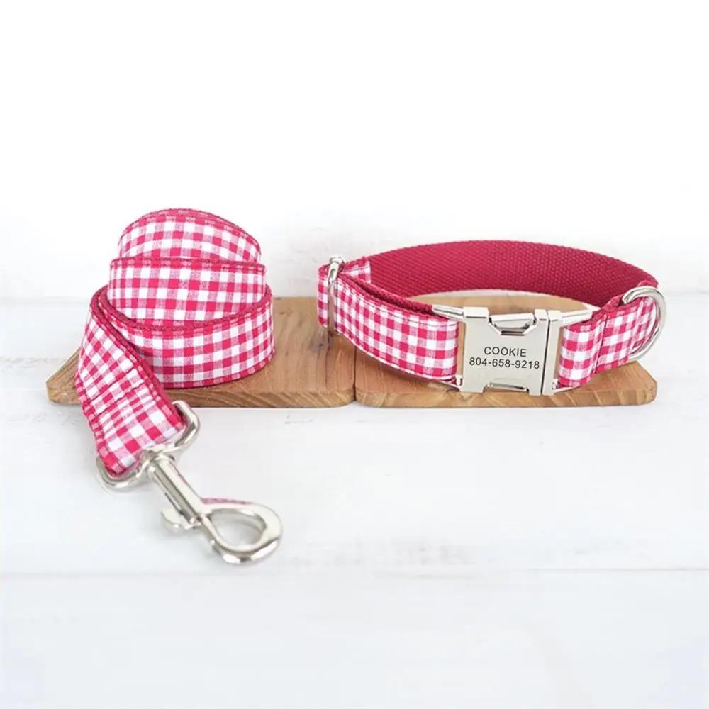 

Personalized Pet Collar Customized Nameplate ID Tag Adjustable White Red Plaid Cat Dog Collars Lead Leash S