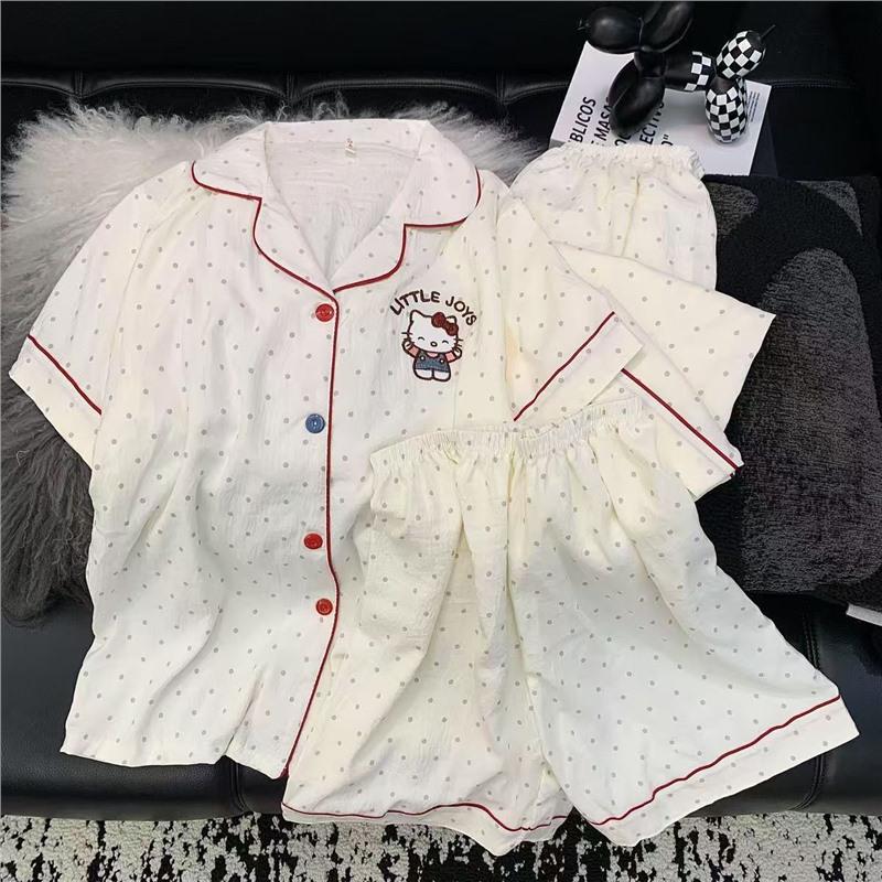 Set de pijamale de vară pentru femei cu pisicuță: Bumbac Nor Scutec cu Mânecă Scurtă, Pantaloni Scurți și Pantaloni Lungi