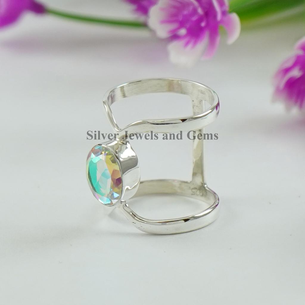Oval Angel Aura Quartz Ring, 925 Sterling Silver, Handmade Double Chevron Band
