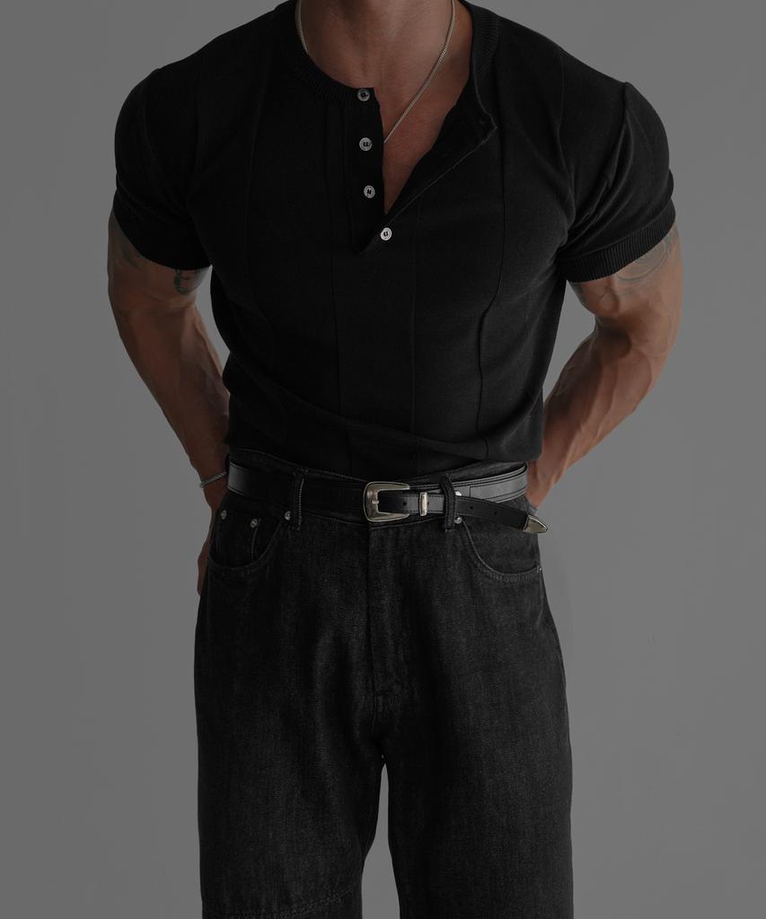 Baulopeulodeogteu Striped Muscle Henley Neck Knit [Black]