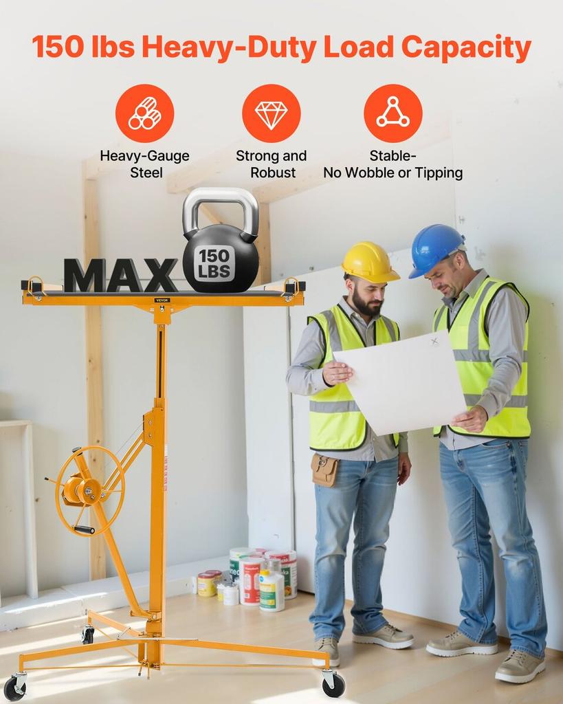 3353mm Gipskartonheber, Robuster 68 kg Sheetrock Heber mit Verstellbarem Teleskoparm, Feststellbaren Rädern, Gipskarton Heber Plattenheber Hebewerkzeuge Ideal