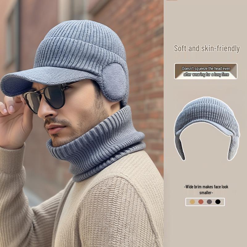 Cappello in Lana Lavorata a Maglia Spessa con Visiera Tipo Duckbill da Uomo Nero - Caldo, Circonferenza Larga, Cappello Autunno/Inverno