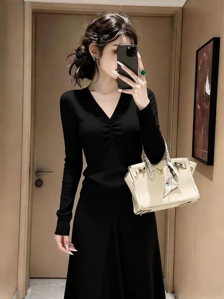 

Women s Slim Fit V-Neck Knit Sweater Dress for Autumn/Winter Extra Large чорний