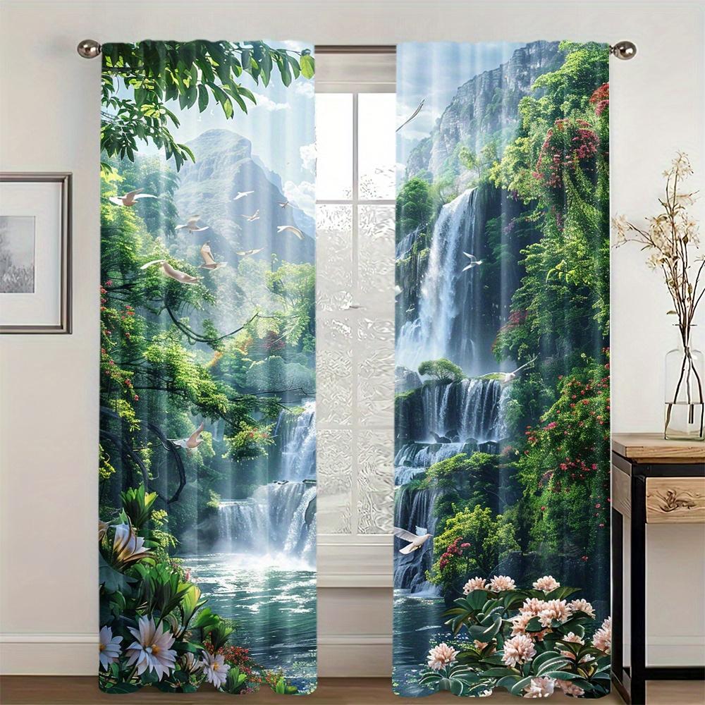 2 Pieces Stunning Forest Waterfall Landscape Curtain for Home Decor Rod Pocket Window Treatment for Bedroom Office Kitchen