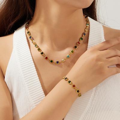 Gold Plated Multicolor Square CZ Jewelry Set, Stainless Steel Rainbow Gem Necklace Bracelet Set, Waterproof Boho Jewelry for Women Gift