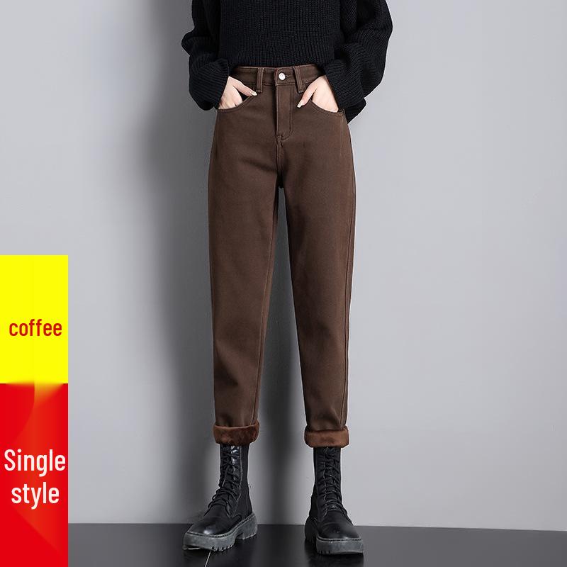 Coffee Brown Women's High-Waisted Velvet-Lined Loose Jeans - Winter 2025 Harajuku Style Trousers