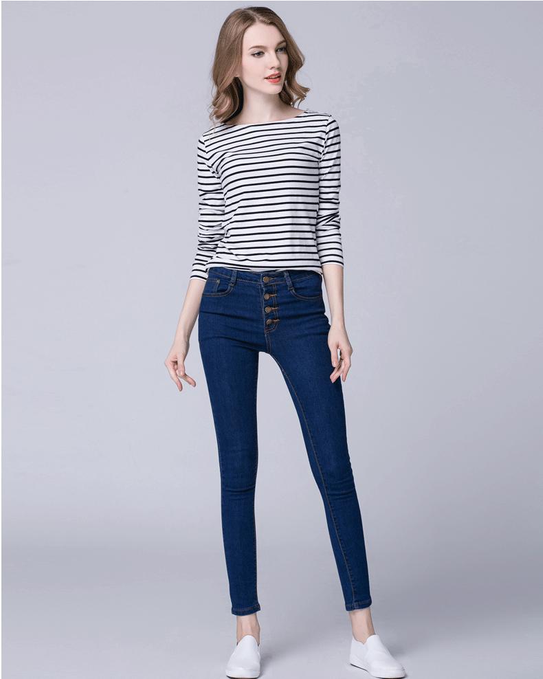 2022 Women's Slimming One-Shoulder Black & White Striped Long Sleeve T-Shirt