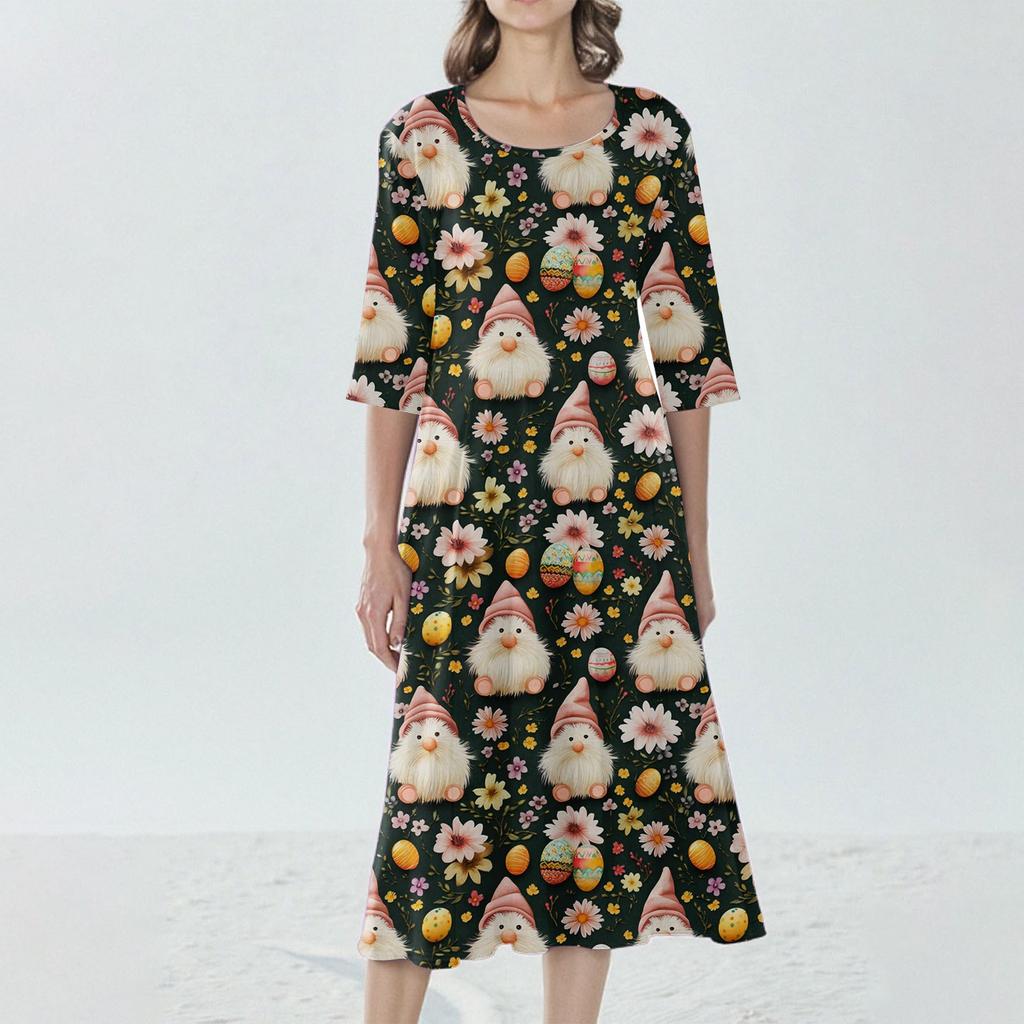 Dámské volné ležérní a módní šaty střední délky s potiskem, kulatým výstřihem a sedmčtvrtečními rukávy