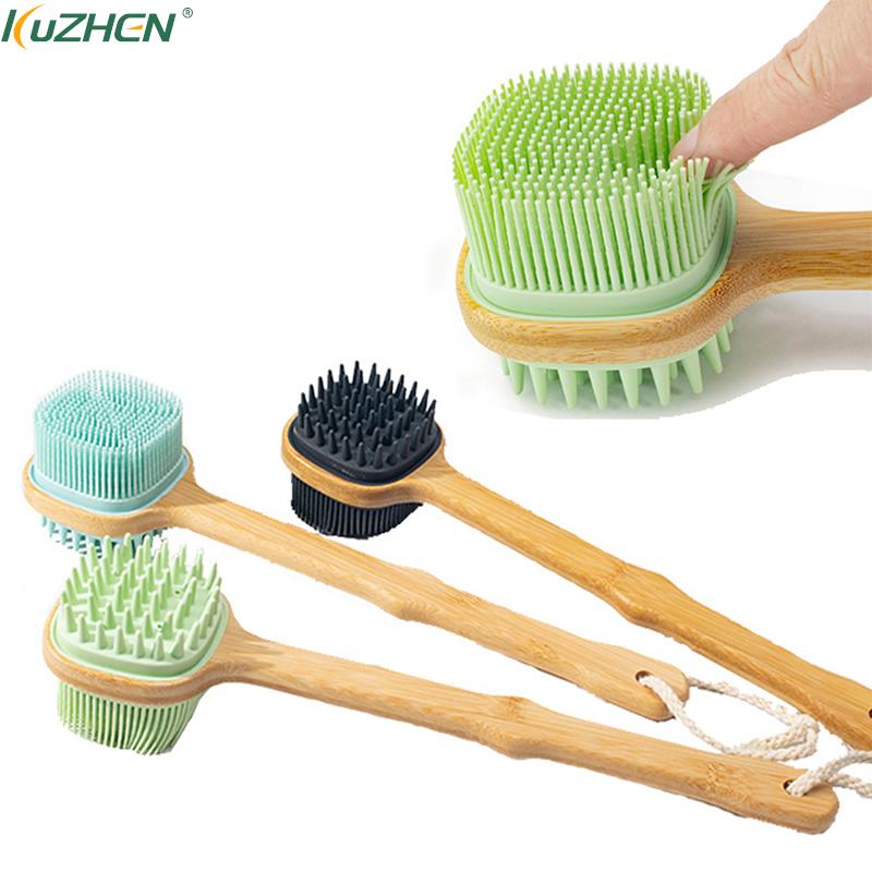 Silicone Brush Head Back Scrubber Shower Brush With Long Wooden Handle Dry Skin Exfoliating Body Massage Cleaning Tool Short Green