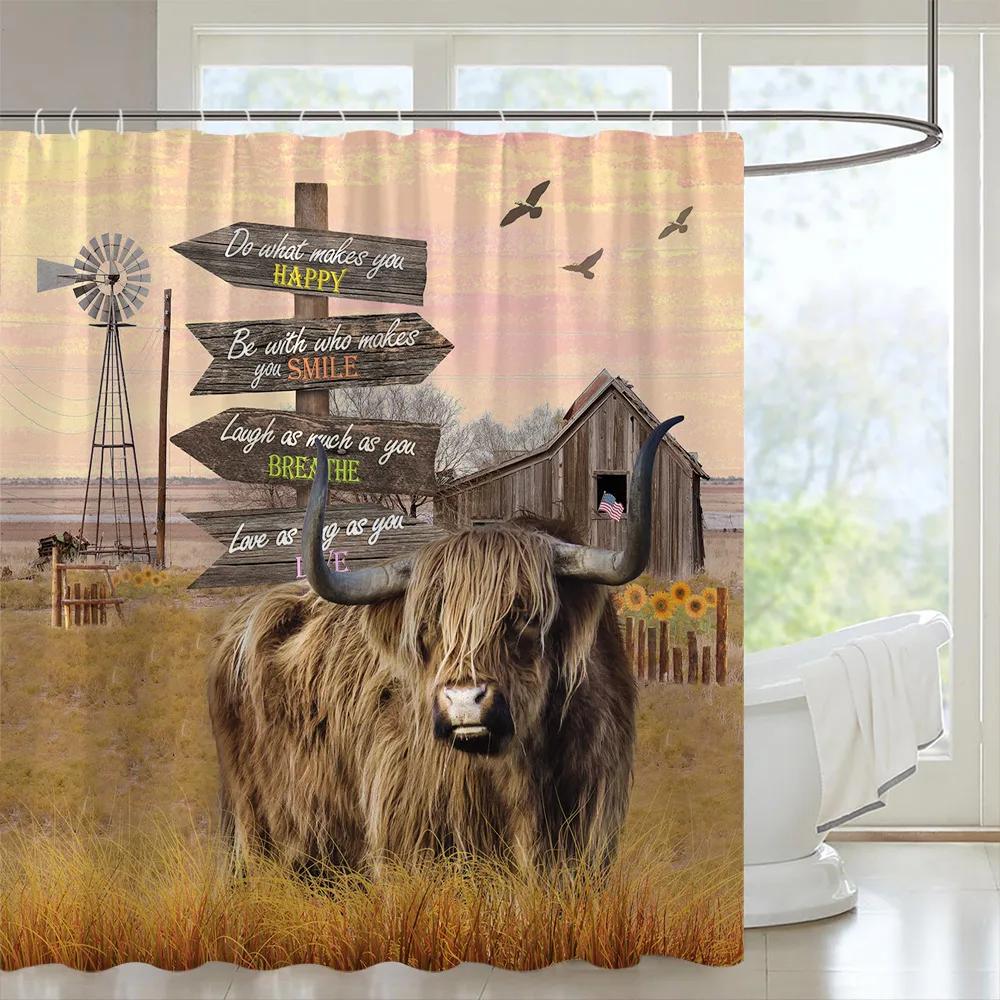 Wood Door Cow Shower Curtain Farm Animal Barn Door Wooden Wheel Pumpkin Sunflower Retro Bath Curtain Bathroom Accessories Set