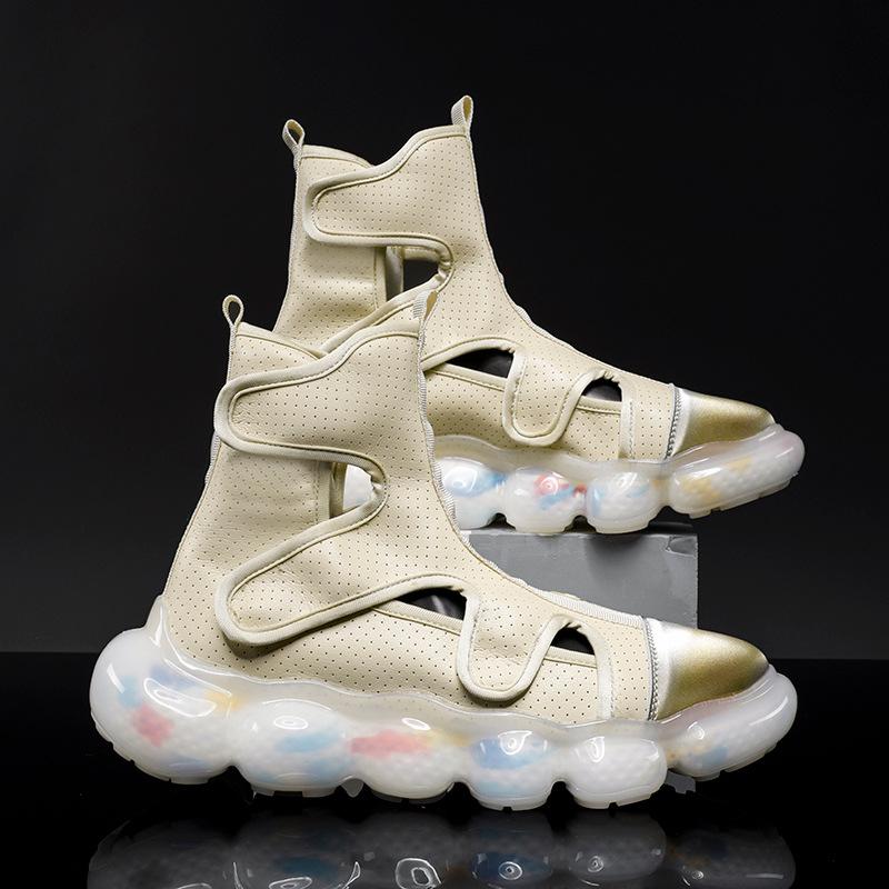 

Air Cushion Men s Summer Fashion New Popcorn Sandals Breathable Hollow Leather Shoes Sleeve High Top Soft Sole Roman Sandals 39