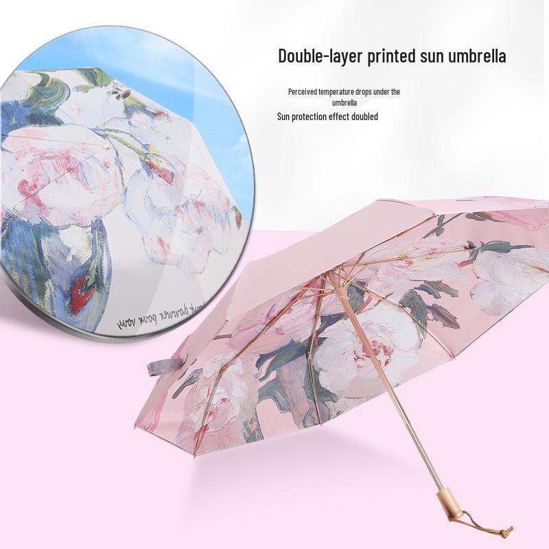 Automatic Black Glue Peony Sun & Rain Umbrella - Double-Layer Anti-UV, Oil Painting Design