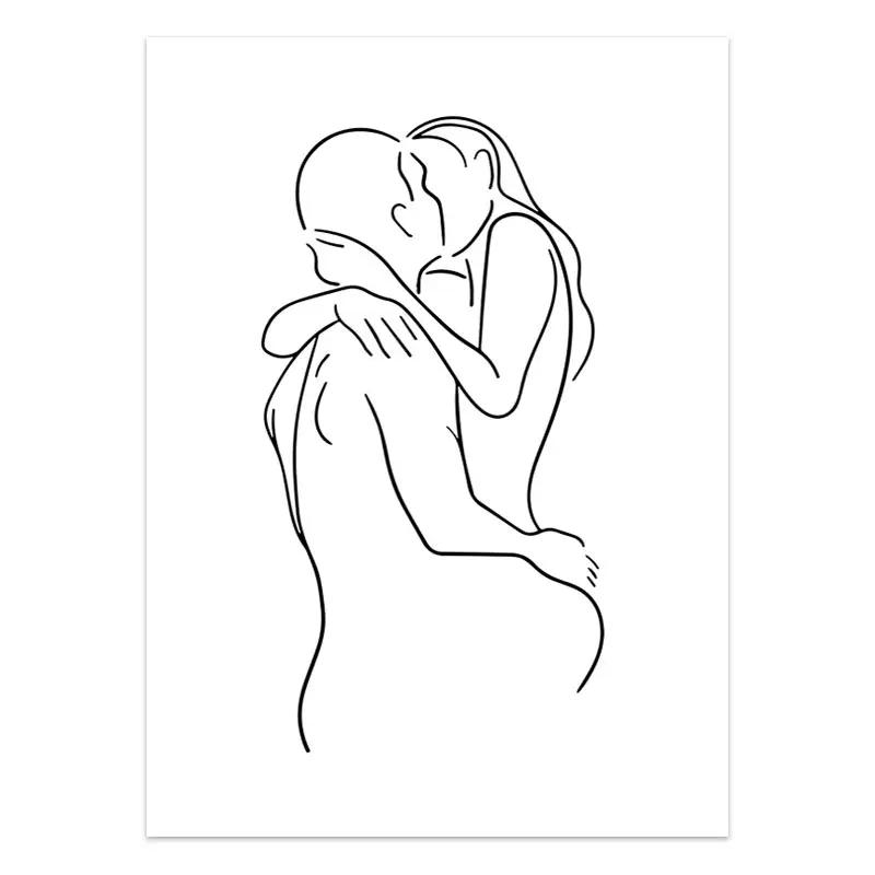 Black White Couple Line Wall Art Canvas Painting Line Drawing Hand Love Kiss Posters and Prints Nordic Picture Living Room Decor