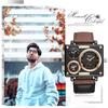 Men's Square Watch Three Time Zones Waterproof Leather Strap Casual Business Brown Fashion Accessory