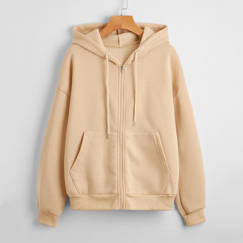 Suéter de Otoño para Mujer con Felpa Plus Suéter con Capucha para Mujer Color Sólido Cremallera Chaqueta Holgada Estilo Casual Top