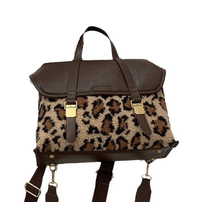 Winter Plush Leopard Print Splicing Fashion Women's Bag 2025 New Niche Shoulder Bag Portable Messenger Bag Backpack