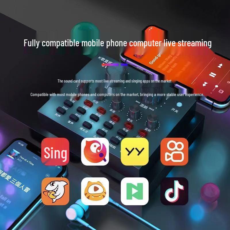 Wireless Live Broadcast Set: Mobile Phone, Computer, Sound Card & Microphone.