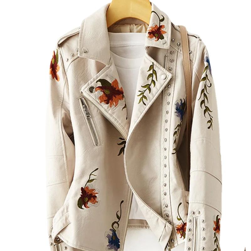 

Женская куртка из искусственной кожи с вышивкой в ​​стиле ретро, ​​мягкая кожаная куртка из искусственной кожи, мотоциклетная куртка