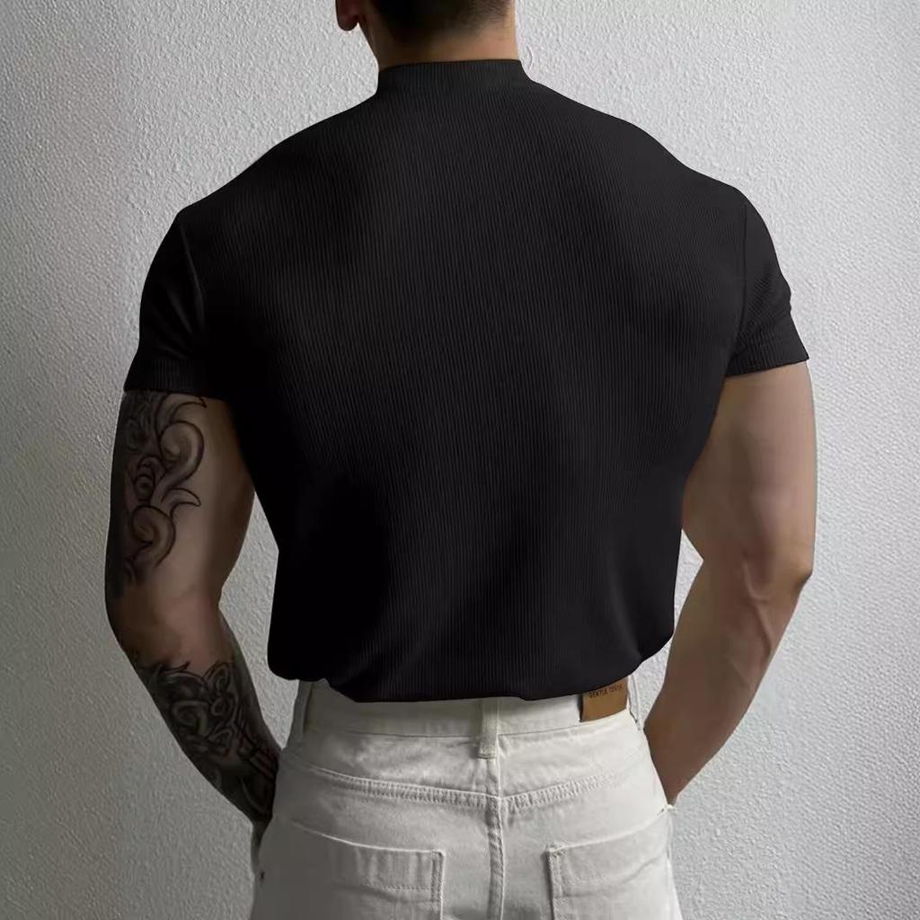 Europejski Męski T-Shirt Slim Fit z Wysokim Kołnierzem i Krótkim Rękawem, Letnia Elastyczność, Nowy Okrągły Dekolt