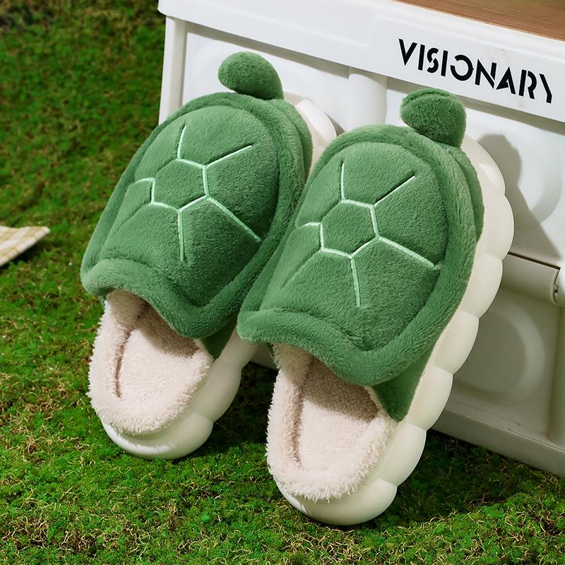 Creative Cute Turtle Cotton Slippers for Kids - Warm, Plush, Thick-Soled Winter Indoor Shoes